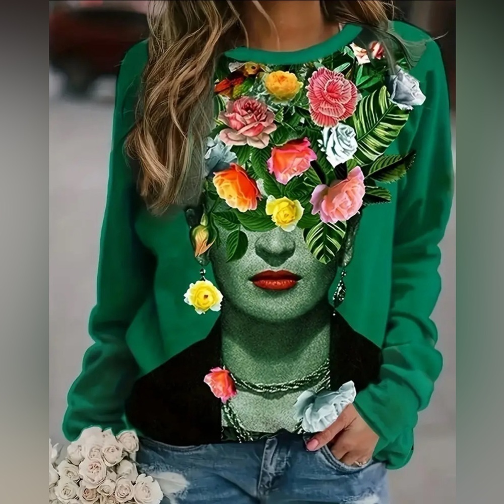 Flower Portrait Print Pullover Sweatshirt, Casual Long Sleeve Crew Neck